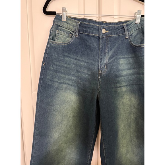 Womens XXL Wide Leg High Rise Raw Hem Dark Wash Whiskered Denim Jeans 9125 - Picture 4 of 8